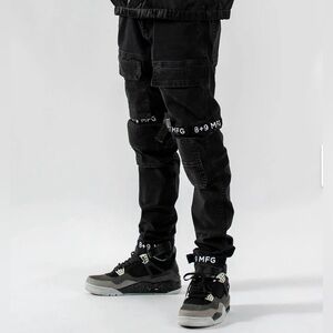 8&9MFG Black Strapped Up Vintage Wash Utility 
Jeans